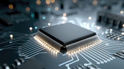 Close-up View of a Microchip with Circuit Board Background and Glowing Lights