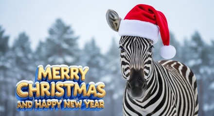 Christmas Zebra in Winter Forest - Zebra wearing a Santa hat in a snowy forest. Festive animal for holiday cheer. Merry Christmas and Happy New Year