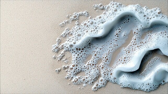 A foamy wave washes onto a sandy beach, creating a textured pattern of bubbles and water on the shore.
