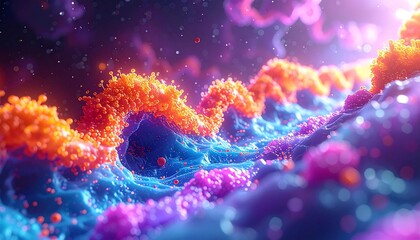 An abstract rendering shows colorful cellular or molecular structures in a vibrant, artistic