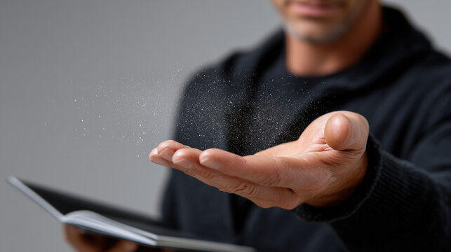 Man stretches out his hand, revealing magical display of sparkling particles, while holding open book. scene conveys sense of wonder and enchantment