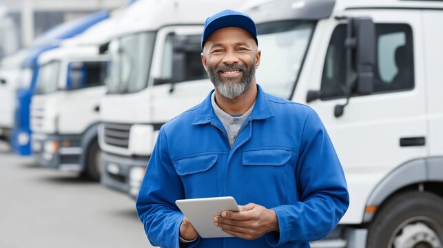 A fleet management worker smiles while holding a tablet in a busy logistics yard filled with trucks. Dressed in a blue uniform, he oversees operations with confidence and focus