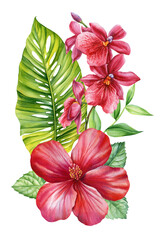 Red orchid and hibiscus flowers with tropical green leaves watercolor exotic floral arrangement for summer design and decor