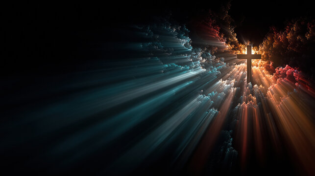 Religious Christian cross silhouette emerges from vibrant rays of light, creating dramatic and uplifting atmosphere. interplay of colors and shadows evokes sense of hope and spirituality - Powered by Adobe