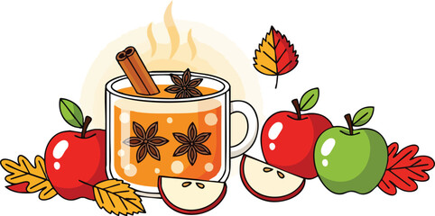 Hot Apple Cider With Cinnamon Sticks Star Anise Apples And Autumn Leaves In Soft Light
