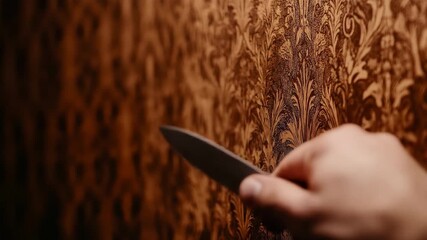 The tension mounts as a hand menacingly brandishes a knife against an ornamental wall, creating a suspenseful ambiance. This scene evokes horror and thriller themes.