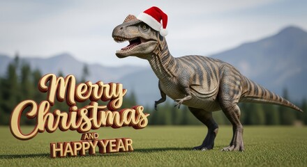 Dinosaur Christmas Celebration - A dinosaur wearing a Santa hat celebrates Christmas and Happy New Year in a festive outdoor setting