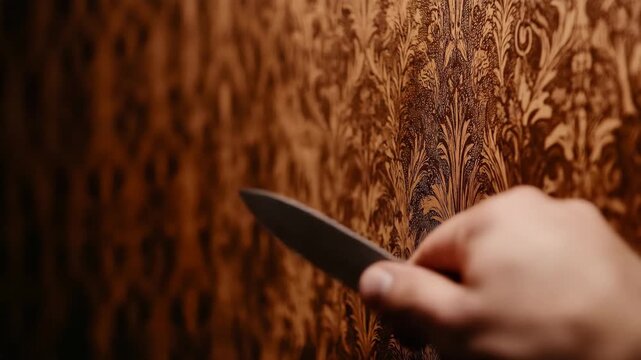 The tension mounts as a hand menacingly brandishes a knife against an ornamental wall, creating a suspenseful ambiance. This scene evokes horror and thriller themes.