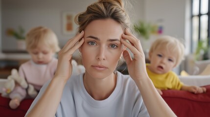 In a cozy living room, a tired young mother sits on a couch, visibly overwhelmed. Behind her, twin toddlers play, adding to the challenges of motherhood as she seeks a bit of peace
