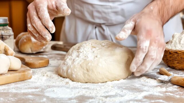 A baker delicately touches dough sprinkled with flour, preparing it for baking, ingredients and tools are arranged around the workspace.