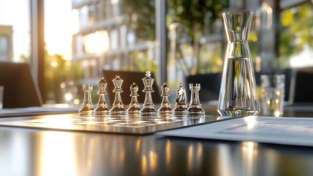 Strategic planning in business with a chessboard and open ESG documents on a sleek meeting table. Environmental social governance investment