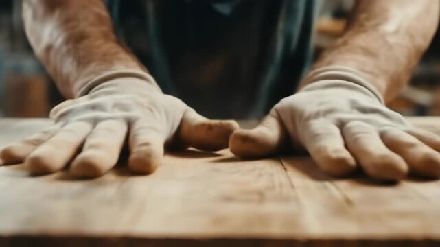 Gloved hands inspect a wooden surface, revealing the craftsman's expertise in woodworking and carpentry. Quality check in close-up.
