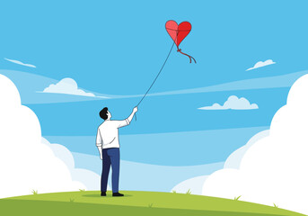 A man flying a heart shaped kite on a green hill under a blue sky, concept for romantic gestures, expressing emotions and symbolic representations