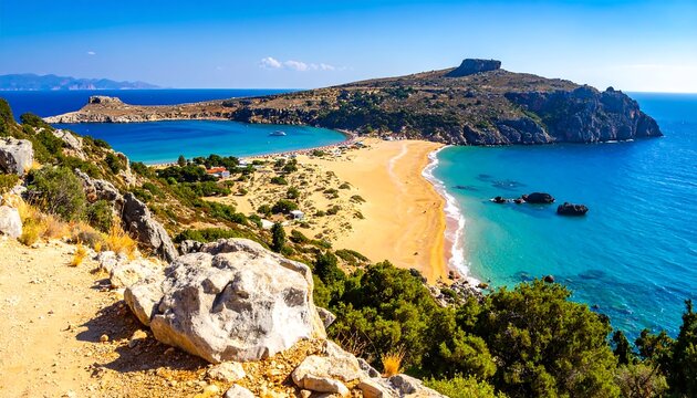 Aerial view of a stunning coastal landscape, showcasing a curved sandy beach between azure waters, a mountainous backdrop
