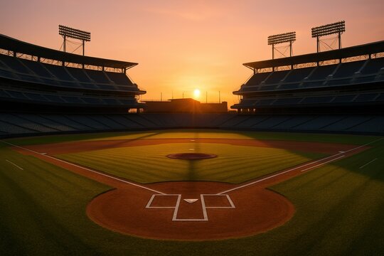 Sunset baseball field with dramatic lighting and empty diamond view. Concept of sport venue, preparation, expectation, atmosphere, and media storytelling in athletic context. - Powered by Adobe