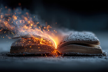 Symbolic image of burning book with pages turning, representing knowledge and transformation. flames and sparks evoke sense of urgency and passion for learning