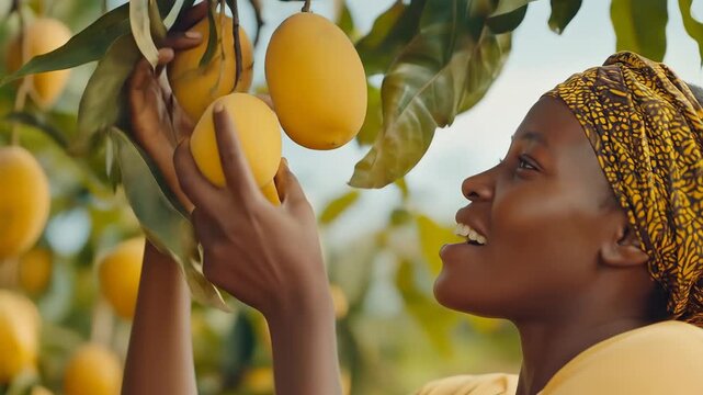 A smiling woman, wearing a headscarf and a yellow shirt, examines ripe mangoes on a tree branch, reveling in the harvest and its potential prosperity.