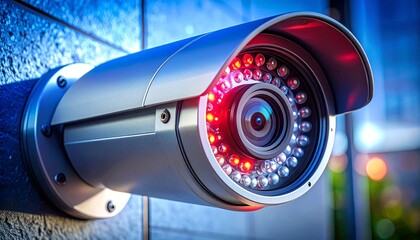 Close-up of modern outdoor CCTV camera with infrared LEDs and metallic housing in cool blue lighting, showcasing advanced security technology.