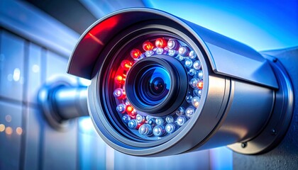 Close-up of modern outdoor CCTV camera with infrared LEDs and metallic housing in cool blue lighting, showcasing advanced security technology.