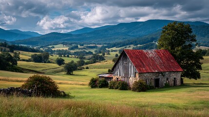 Idyllic rural landscape featuring an old weathered barn with a red roof nestled in a green field, surrounded by rolling hills and a cloudy sky, creating a serene scene