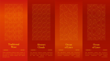 Asian seamless pattern collection in red and gold oriental style. Seamless red and gold geometric waves, clouds, and circular motifs for lunar celebration and luxury oriental background design
