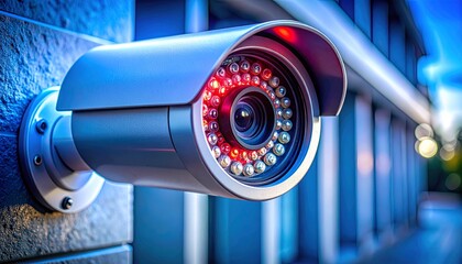 Close-up of modern outdoor CCTV camera with infrared LEDs and metallic housing in cool blue lighting, showcasing advanced security technology.