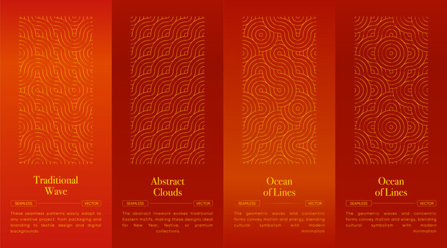 Asian seamless pattern collection in red and gold oriental style. Seamless red and gold geometric waves, clouds, and circular motifs for lunar celebration and luxury oriental background design
