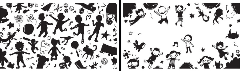 Kids Playing Illustration, Children Cartoon Drawing, Fun Activity Line Art, Playground Characters Vector, Happy Kids Design, Hand Drawn Kids Art, Preschool Children Sketch, Educational Illustration, C