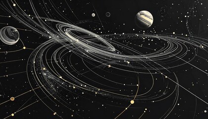An abstract depiction of space, showing planets, orbits and stardust on a dark background. The scene is futuristic