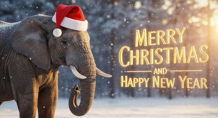 Elephant Christmas Celebration in Snowy Landscape - A festive showcasing an elephant wearing a Santa hat, set against a snowy winter background, celebrating Christmas and the New Year