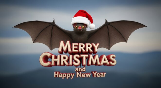 Festive Bat for Christmas and New Year - Celebrate the holidays with this whimsical of a bat wearing a Santa hat, wishing Merry Christmas and Happy New Year
