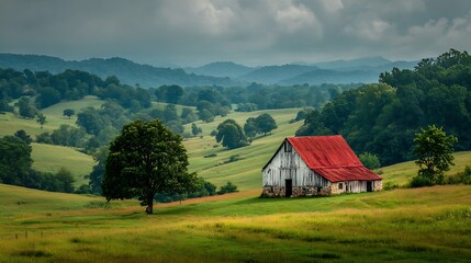 Picturesque landscape featuring an old barn with a red roof nestled in rolling green hills under a cloudy sky, capturing the essence of rural charm
