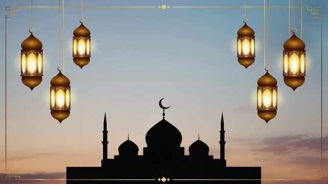 Card with silhouette of a mosque with illuminated traditional lanterns (fanari) hanging around, leaving a blank area for a personalized Ramadan wish.