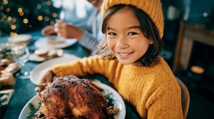A joyful Latin family gathers around a table filled with a roasted turkey and tasty dishes, sharing smiles and enjoying the warmth of togetherness on a lovely evening at home