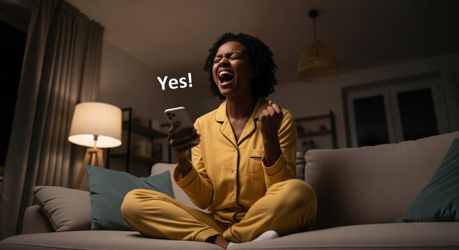 Euphoric young African American woman in yellow pajamas holding a smartphone and screaming yes, celebrating being a lottery winner at home at night