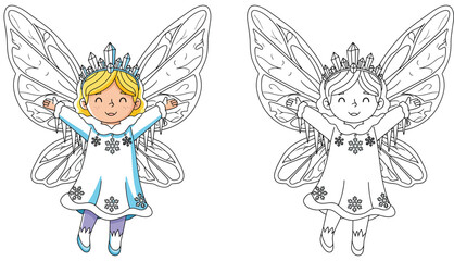 Fototapeta premium Cute winter fairy girl wearing ice crown and wings Vector cartoon illustration of a snow princess Coloring book page outline