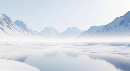 Serene Winter Landscape with Snow Covered Mountains

Arctic Valley Background: 3D Render of Frozen Lake

Bright White Snow Scenery with Foggy Horizon
