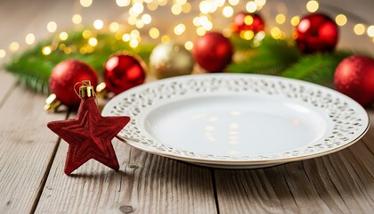 Festive christmas table setting with empty plate and ornaments