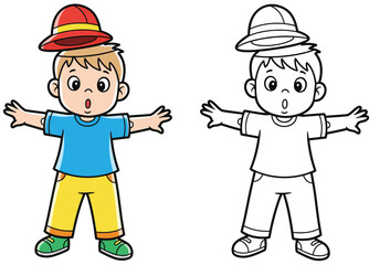 Surprised cartoon boy with hat flying off head Vector illustration of a kid with open mouth.