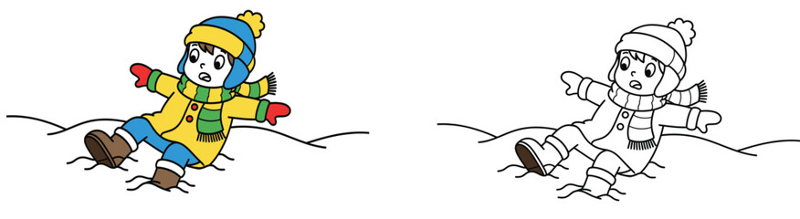 Surprised cartoon boy slipping and falling in the snow. Vector illustration of a kid in winter clothes Coloring book page outline and colored version.