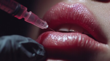 A close-up photograph of a woman's lips being injected with filler for augmentation