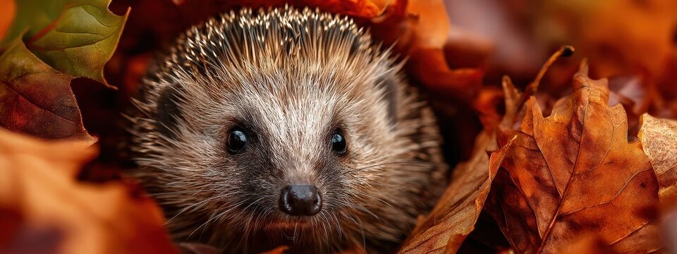 A close-up of a hedgehog peeking out from behind a pile of orange and brown autumn leaves