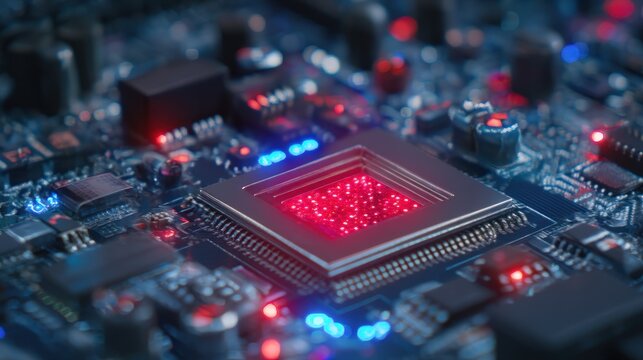 Close-up of a GPU or motherboard circuit board with microchip and red lighting
