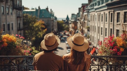 Obraz premium Couple in straw hats gazing upon a colorful European city from a balcony