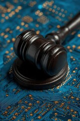 Wooden Gavel on Circuit Board: Cyber Law and Digital Justice Concept