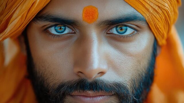 A close-up shot of an individual wearing a turban, possibly for cultural or religious purposes