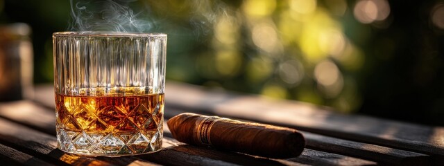 A glass of whiskey with a cigar and ice on a wooden table outside, against a blurred old town street.