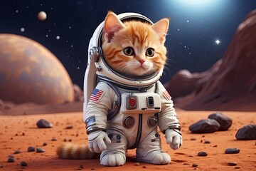 Cute cartoon cat in a space suit on Mars