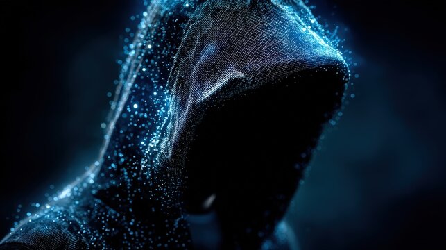 Hooded hacker made of glowing digital mesh working in cyberspace