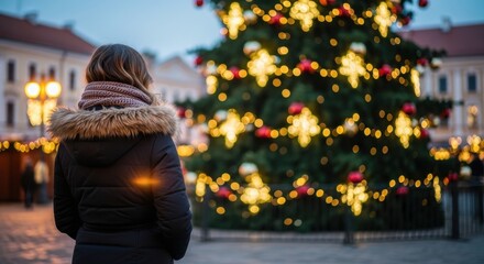 Woman in warm winter coat looking at large Christmas tree outdoors at dusk, festive holiday season street view for greeting card design.
